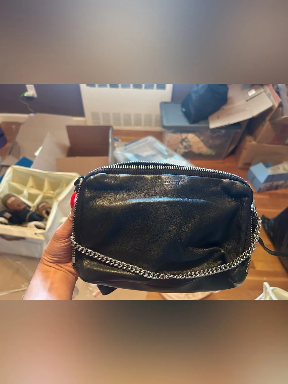 All Saints Black Leather Crossbody Bag with Silver Chain